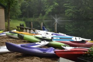 Canoes by lake